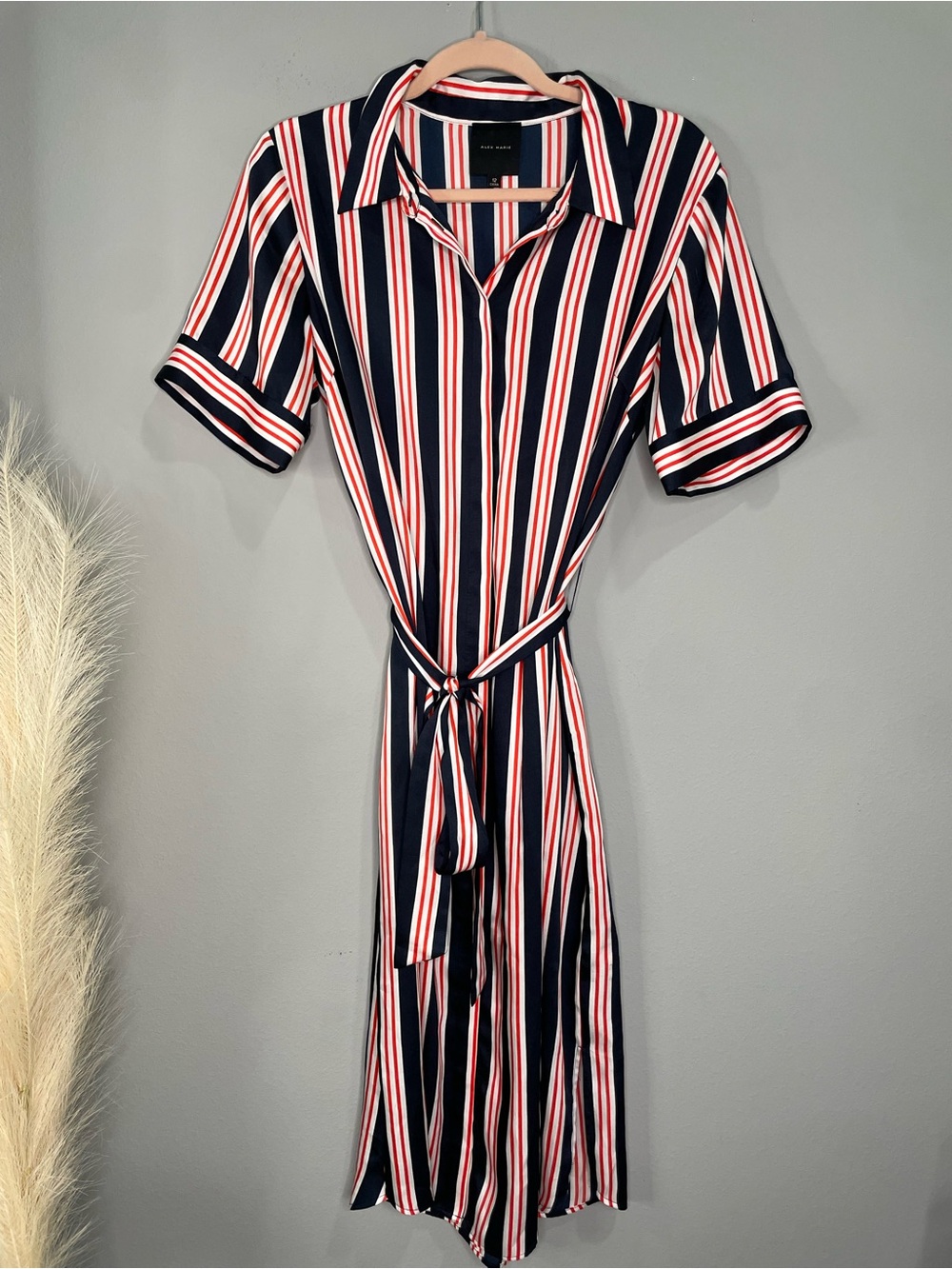 Alex Marie Navy/White & Red Striped Americana Resort-wear Shirt Midi Dress